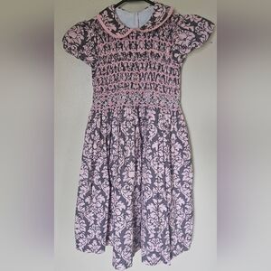 Anavini Girl Hand Smocked Dress Size 6 Gray Pink Damask Floral Peter Pan Collar